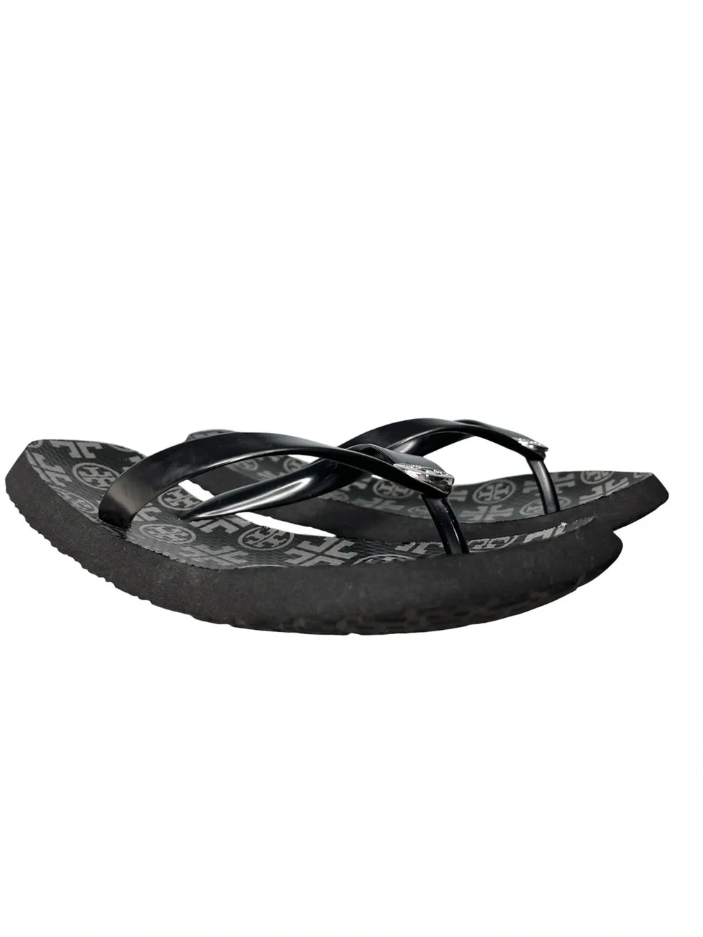 Tory Burch Black Gray Monogram Double T Medallion Thong Flip Flop
